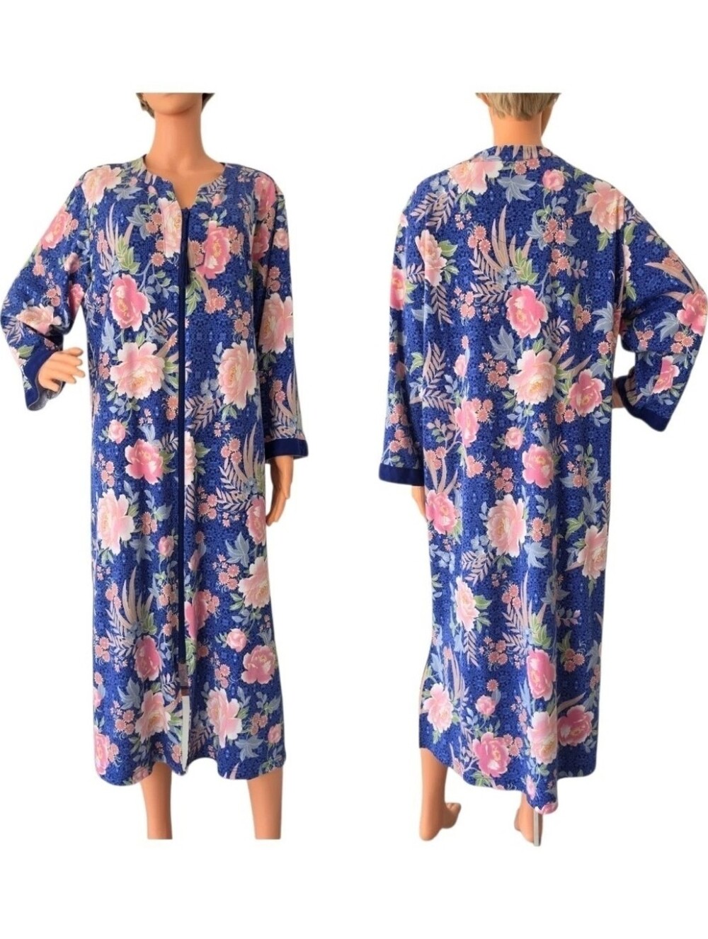 Miss Elaine Relax Blue Floral Full Zip Front Robe Housecoat Cotton Blend Sz XL